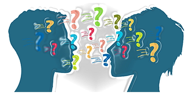 Zeichnung zweier Köpfe mit Fragezeichen dazwischen