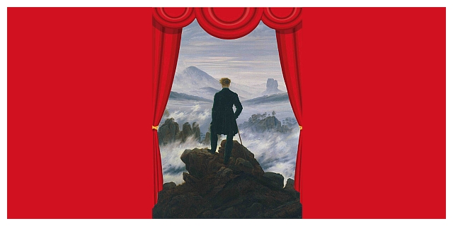 Bild Wanderer über dem Nebelmeer umrahmt von Theatervorhang.